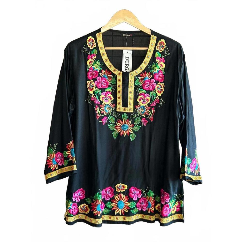NWT Durga Tunic XL Black Pink Floral Embroidered 3/4 Sleeve - Picture 1 of 7